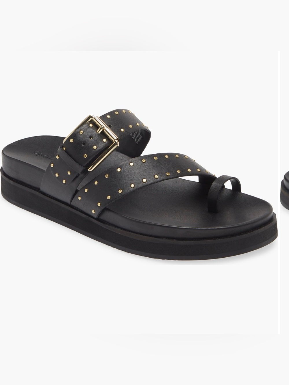 Women's Black Studded Buckle Toe-Loop Sandals